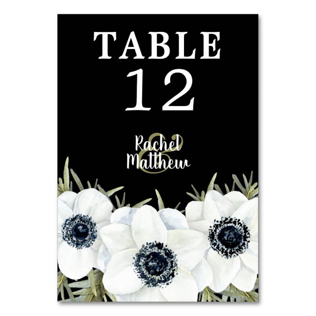 Black & White Anemones Botanical Table Numbers (Front)