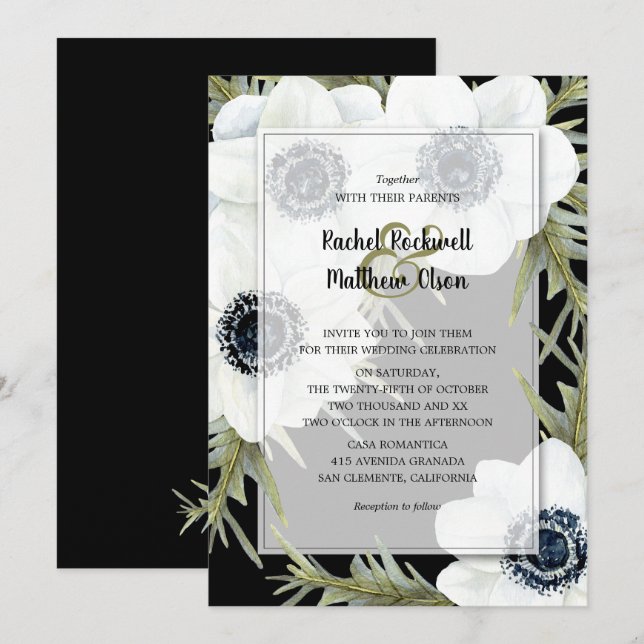 Black & White Anemones Botanical Wedding Invites (Front/Back)