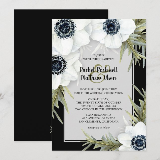 Black & White Anemones Botanical Wedding Invites (Front/Back)
