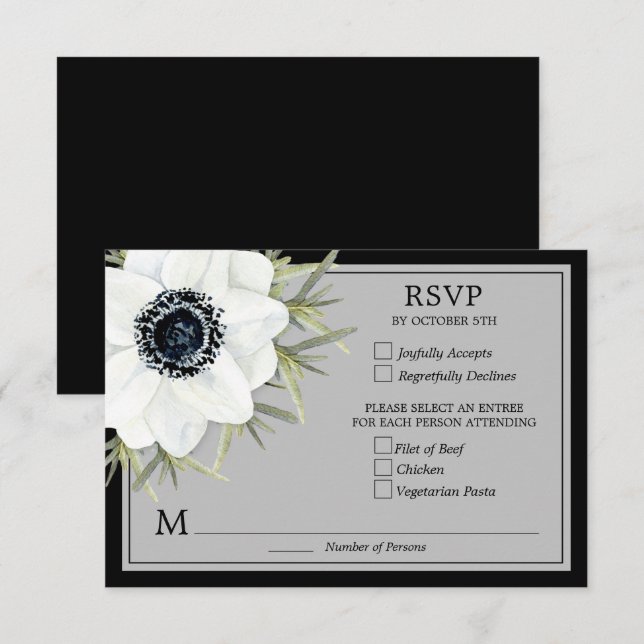 Black & White Anemones Botanical Wedding RSVP Card (Front/Back)