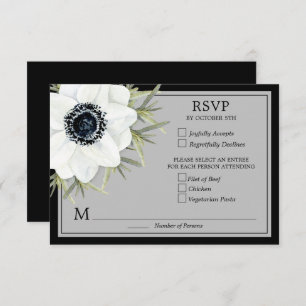 Black & White Anemones Botanical Wedding RSVP Card