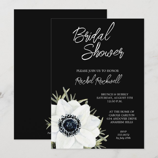 Black White Anemones Floral Bridal Shower Invites (Front/Back)