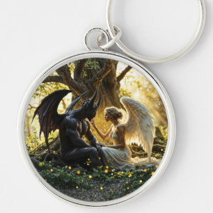 Black white angel demon mystical forest key ring