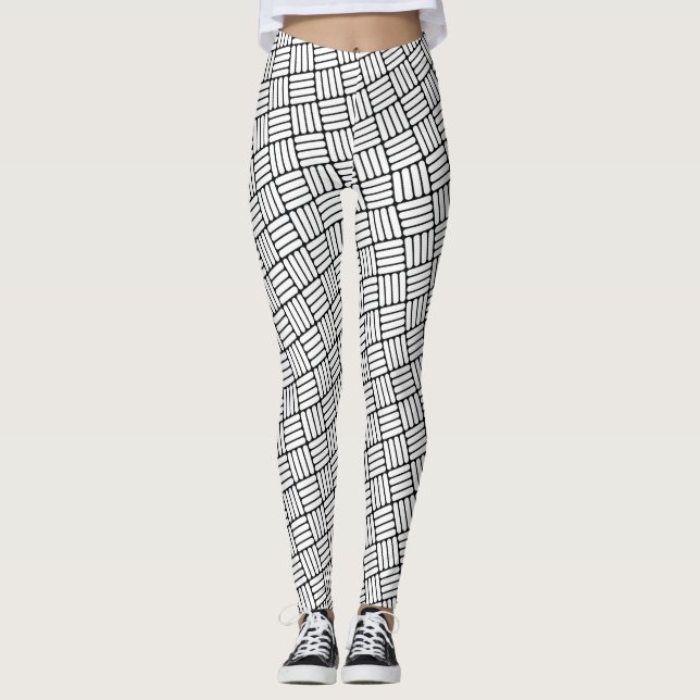 Black & White Angled Hatch Pattern Leggings (Front)