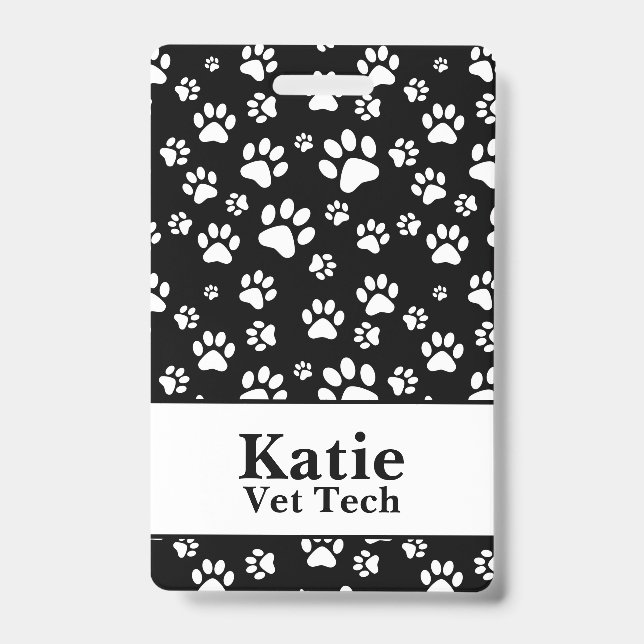 Black & White Animal Paw Print Monogram ID Badge (Front)