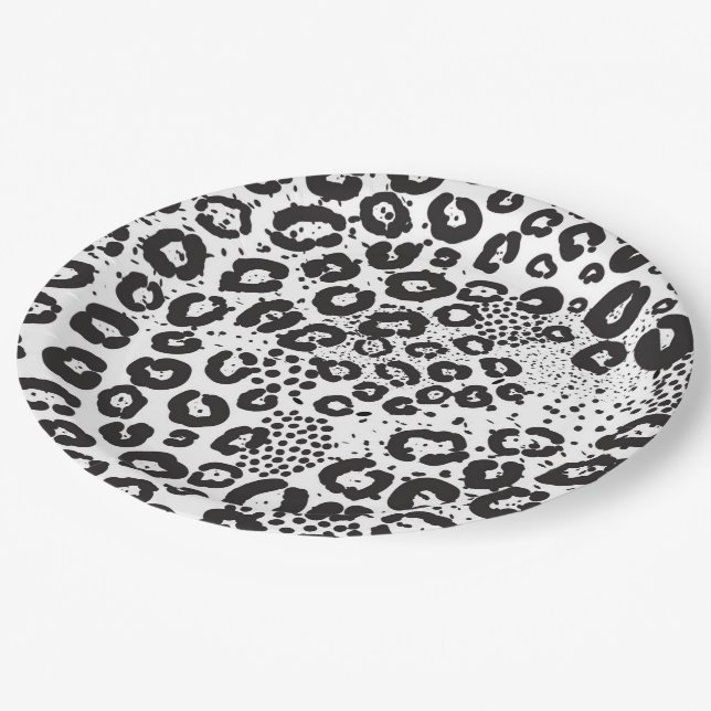 Black White Animal Print Snow Leopard Cheetah Paper Plate (Angled)