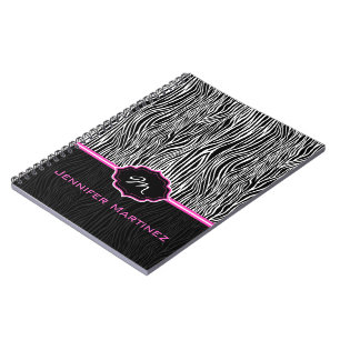 Black & White Animal Print  Zebra Pattern Monogram Notebook