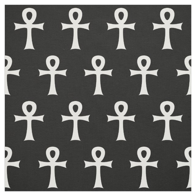 Black White Ankh Looped Cross Symbol Pattern Fabric (Swatch)