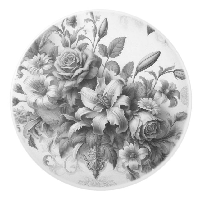 Black & White Antique Floral Perfection Ceramic Knob (Front)