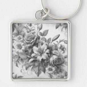 Black & White Antique Floral Perfection Key Ring