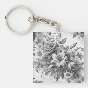 Black & White Antique Floral Perfection Key Ring