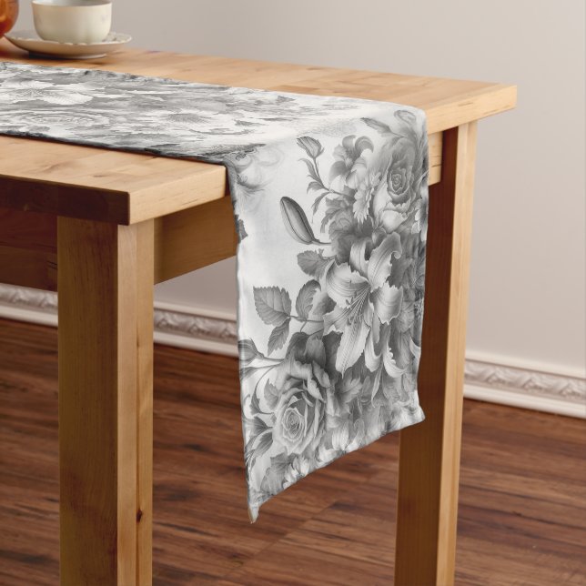 Black & White Antique Floral Perfection Long Table Runner (In Situ)