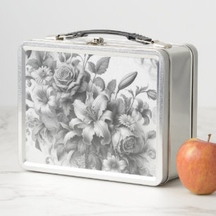 Black & White Antique Floral Perfection Metal Lunch Box