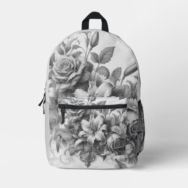 Black & White Antique Floral Perfection Printed Backpack (Front)