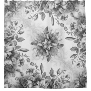 Black & White Antique Floral Perfection Shower Curtain