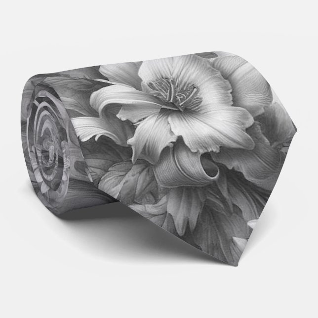 Black & White Antique Floral Perfection Tie (Rolled)