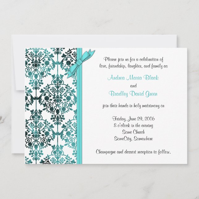 Black White Aqua Damask Floral Wedding Invitation (Front)