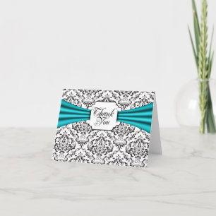 Black White Aqua Damask Thank You Note Cards