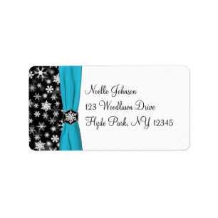 Black, White, Aqua Snowflakes Address Label
