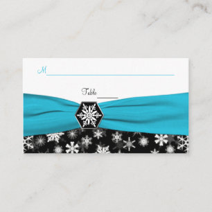 Black, White, Aqua Snowflakes Place Cards
