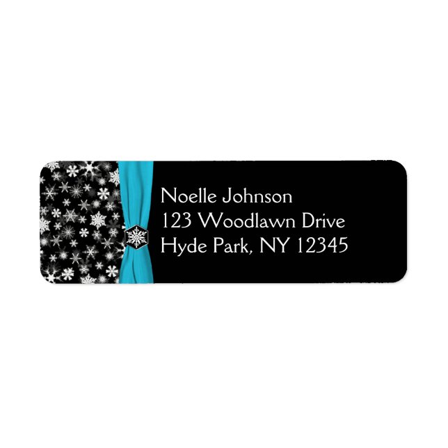 Black, White, Aqua Snowflakes Return Address Label (Front)