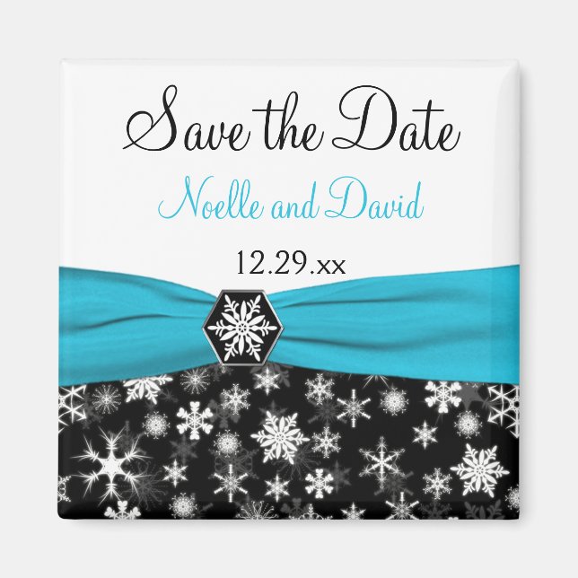 Black, White, Aqua Snowflakes Save the Date Magnet (Front)