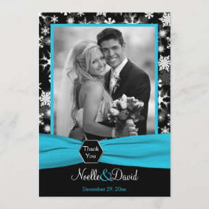 Black, White Aqua Snowflakes Thank You Card - Flat