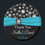 Black, White, Aqua Snowflakes Wedding Favour Magne Magnet<br><div class="desc">This black and white snowflakes wedding favour thank you magnet with FAUX aqua blue ribbon and snowflake medallion matches the wedding invitation shown below. All the text is customisable, and you can change the size and shape. If you require any other matching items in this design, please email your request...</div>