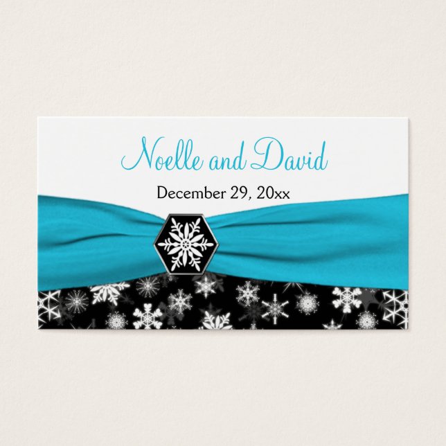Black, White, Aqua Snowflakes Wedding Favour Tag (Front)