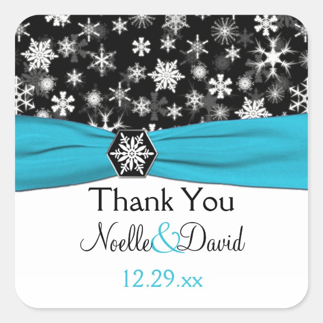 Black, White, Aqua Snowflakes Wedding Sticker (Front)