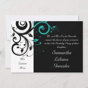 Black White Aqua Swirl Quinceañera Invitations