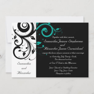 Black White Aqua Swirl Wedding Invitations