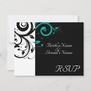 Black +White Aqua Swirl Wedding Matching RSVP Card