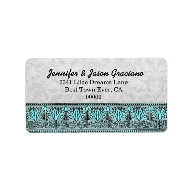 Black White Aqua Vintage Flowers  Scroll Wedding Label (Front)