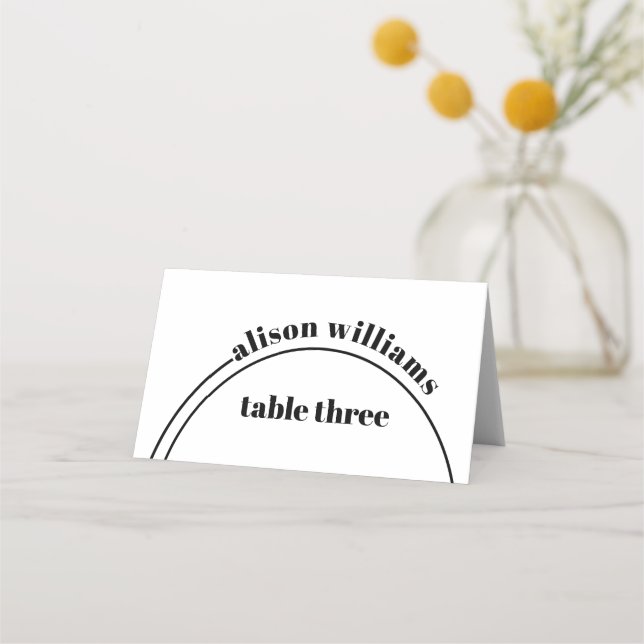 Black white arch and typography minimalist wedding place card (Front)