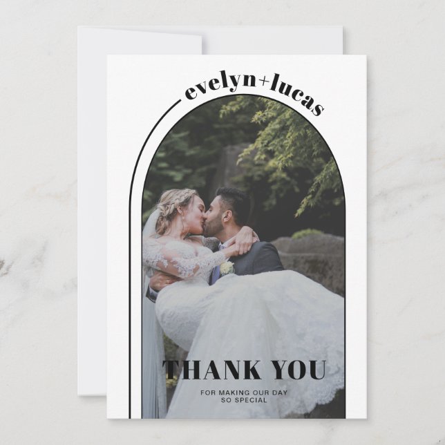 Black, white arch and typography photo wedding thank you card (Front)
