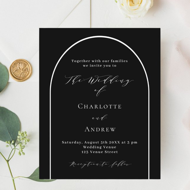 Black white arch modern script wedding invitation (Creator Uploaded)