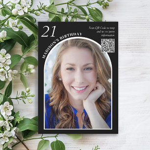 Black White Arch Photo QR Code 21st Birthday Invitation