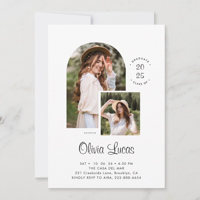 Black White Arch Photo Script Overlay Graduation Announcement (Front)