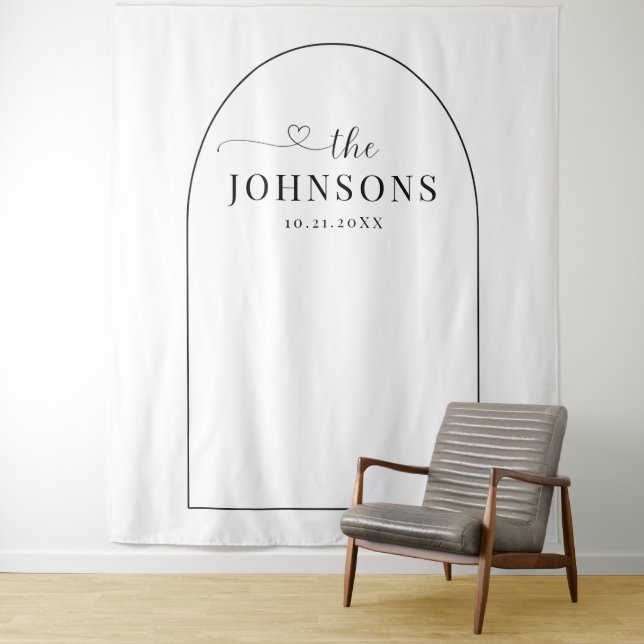 Black & White Arch Wedding or Anniversary Backdrop Tapestry (In Situ)