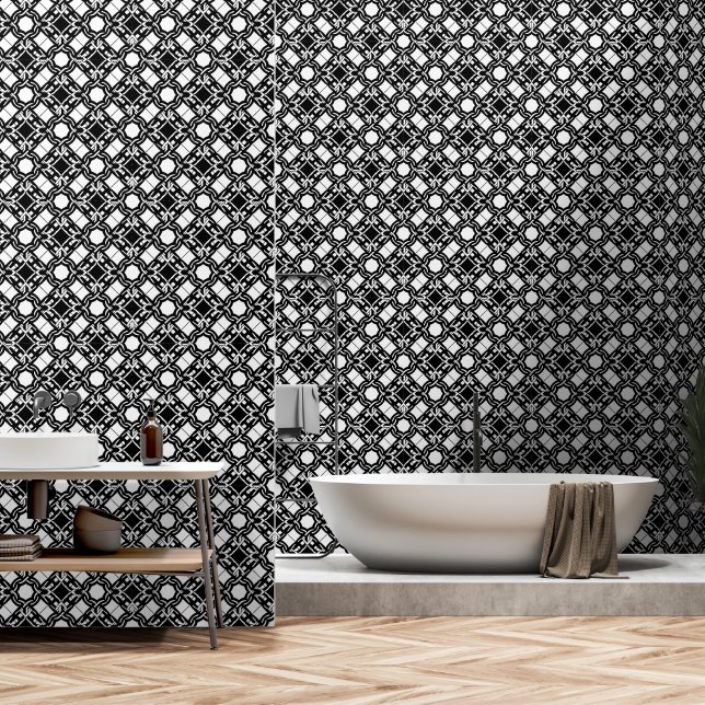 Black White Art Deco Interlaced Pattern Wallpaper (Bathroom)
