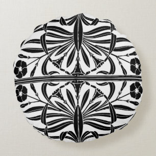 Black & White Art Nouveau Round Pillow