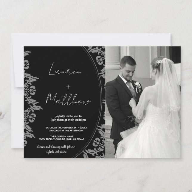Black White Art Wedding Invitations with photo (Front)