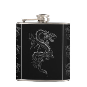 Black & White Asian Dragon Hip Flask