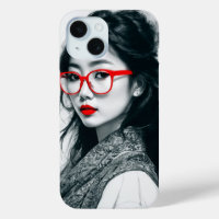 Black White Asian Lady Portrait Red Lips And Glass