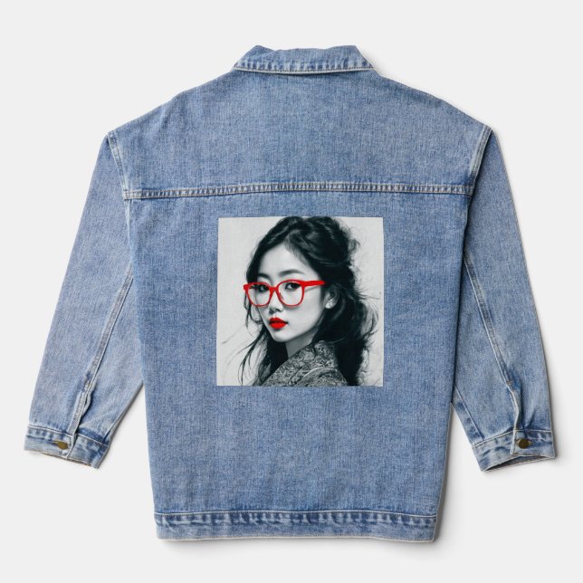 Black White Asian Lady Portrait Red Lips And Glass Denim Jacket (Back)