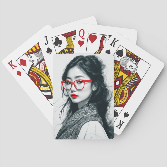 Black White Asian Lady Portrait Red Lips And Glass Playing Cards (Back)