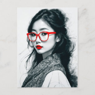 Black White Asian Lady Portrait Red Lips And Glass Postcard
