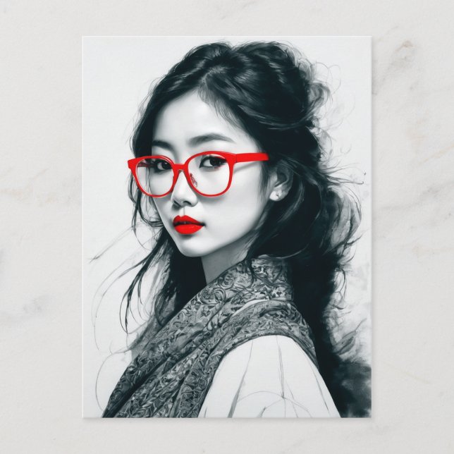 Black White Asian Lady Portrait Red Lips And Glass Postcard (Front)