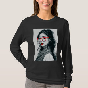Black White Asian Lady Portrait Red Lips And Glass T-Shirt